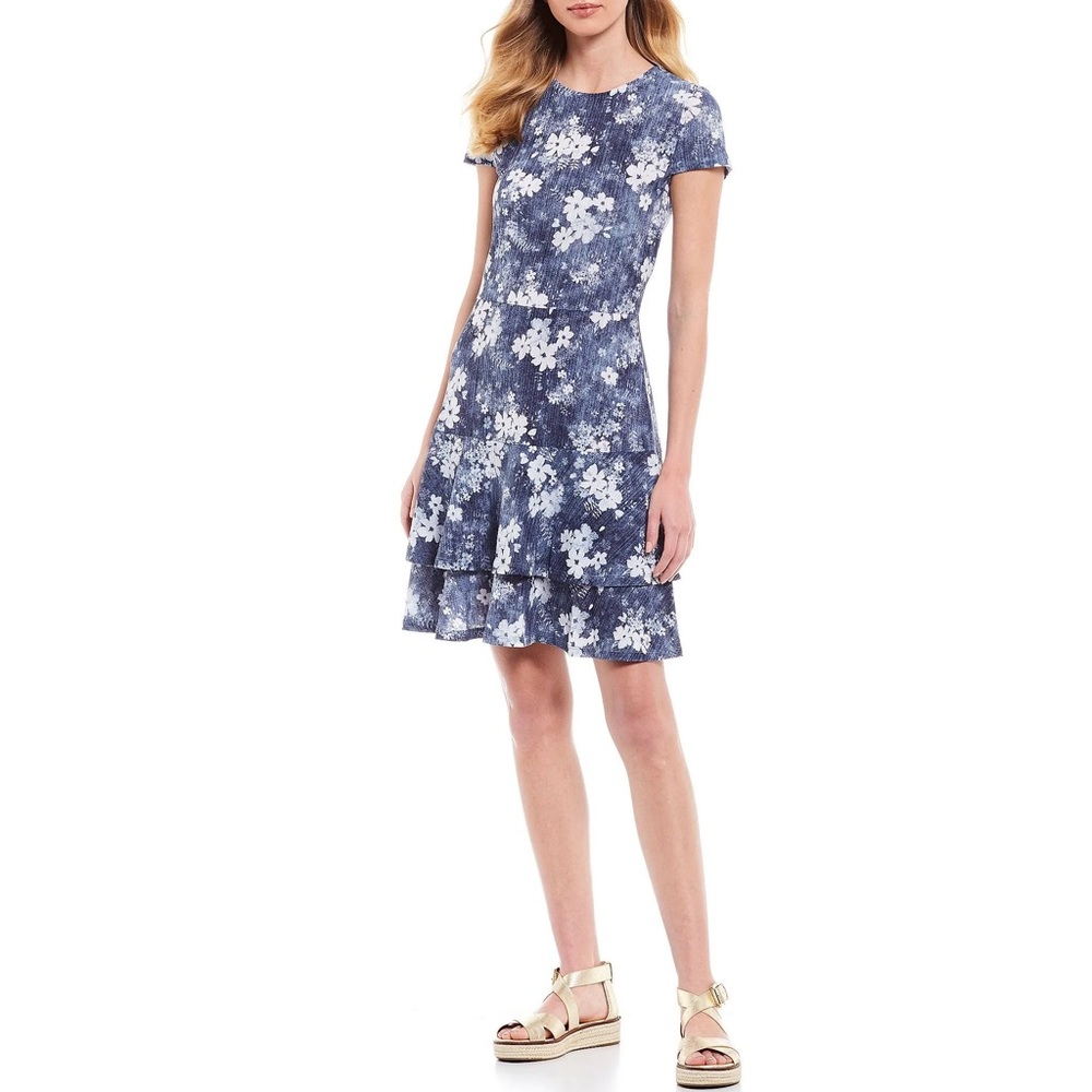 Michael Kors Michael Double Tier Hem Cap Sleeve Dress Blue Floral Size X-Small‎